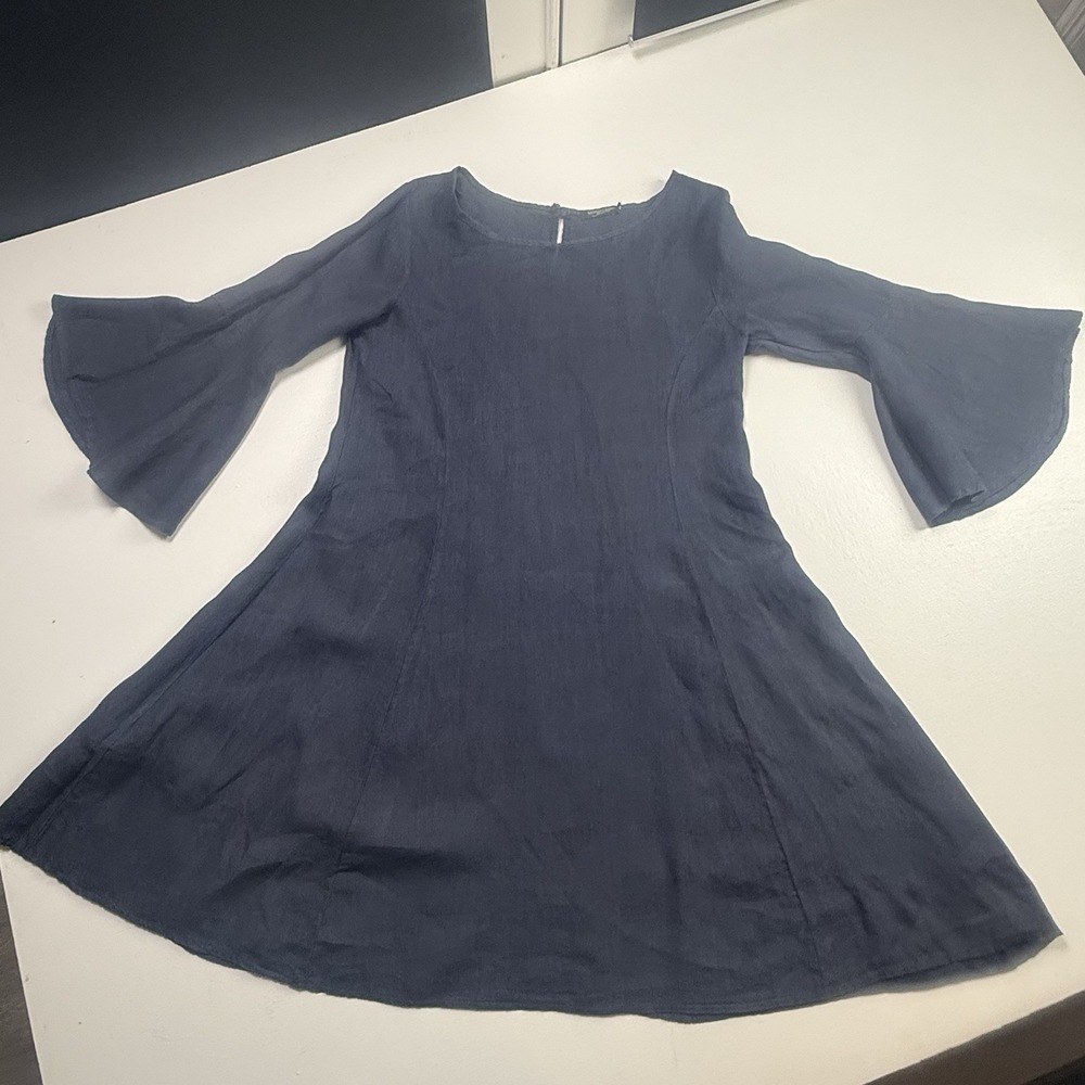 Lungo L'Arno 100% Linen Dress Womens Medium Bell‎ Sleeve Navy Minimalist Italy